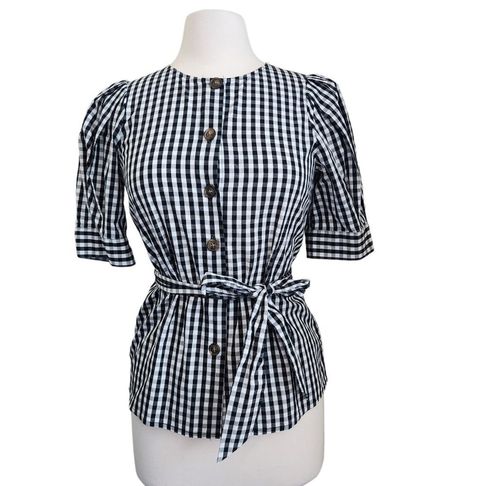 Checkered Short Puff Sleeve Crewneck Button Front Tie Waist Top Women's‎ Size XS